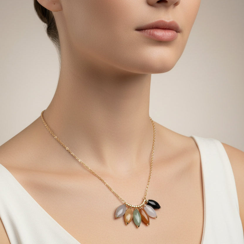 Multicolor Natural Jade 14K Gold Necklace