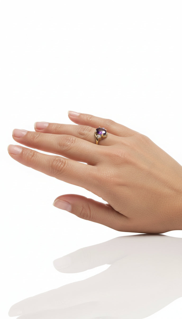 Natural Amethyst Oval CZ Gold Plated Silver Ring