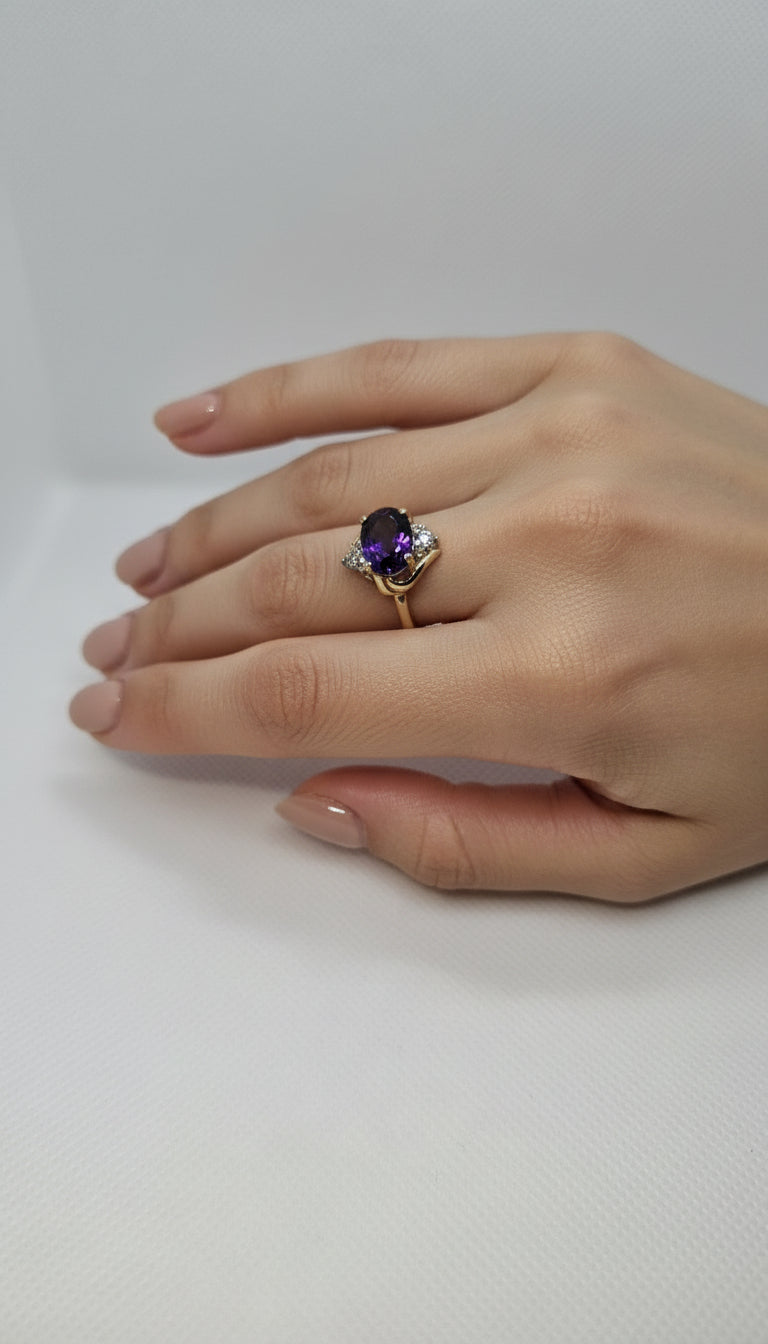 Natural Amethyst Oval CZ Gold Plated Silver Ring