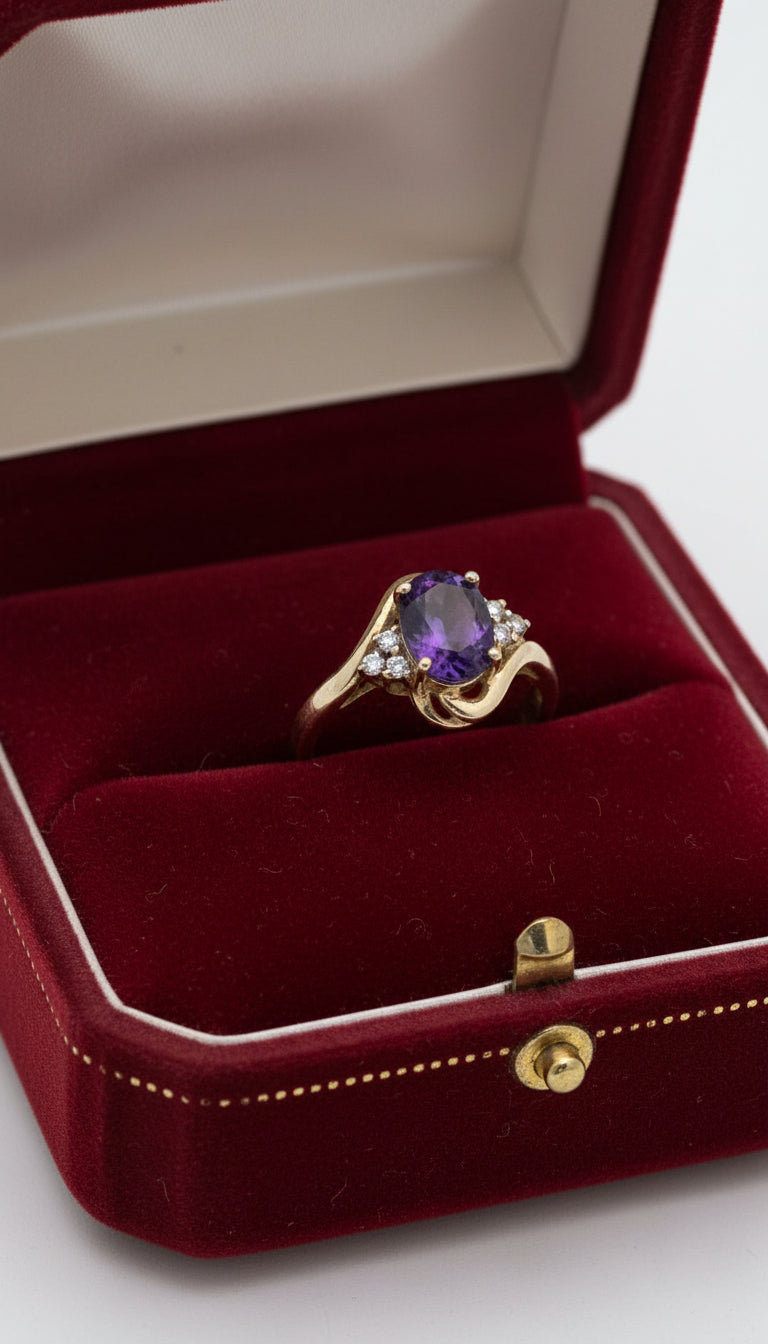 Natural Amethyst Oval CZ Gold Plated Silver Ring