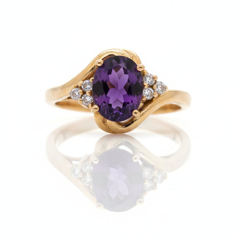 Natural Amethyst Oval CZ Gold Plated Silver Ring
