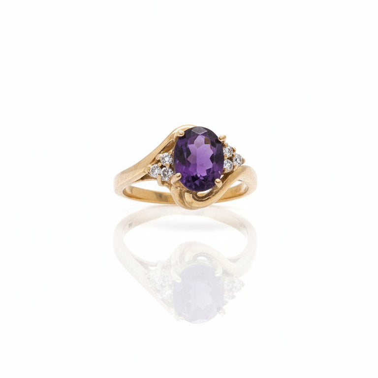 Natural Amethyst Oval CZ Gold Plated Silver Ring