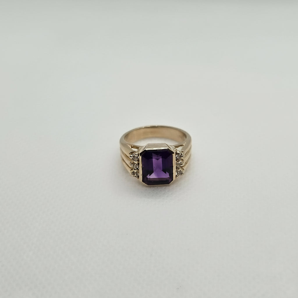 Amethyst Rectangle CZ Gold Plated Silver Ring