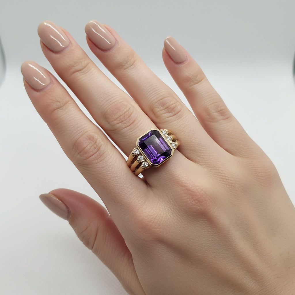 Amethyst Rectangle CZ Gold Plated Silver Ring