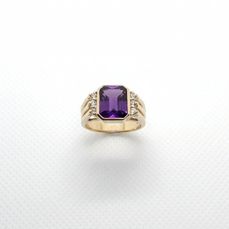 Amethyst Rectangle CZ Gold Plated Silver Ring