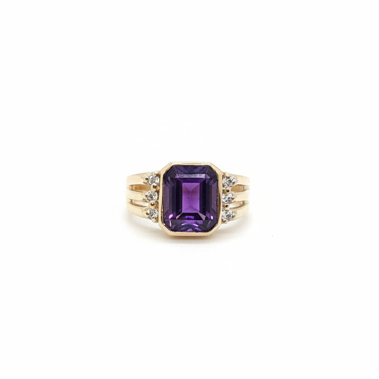 Amethyst Rectangle CZ Gold Plated Silver Ring