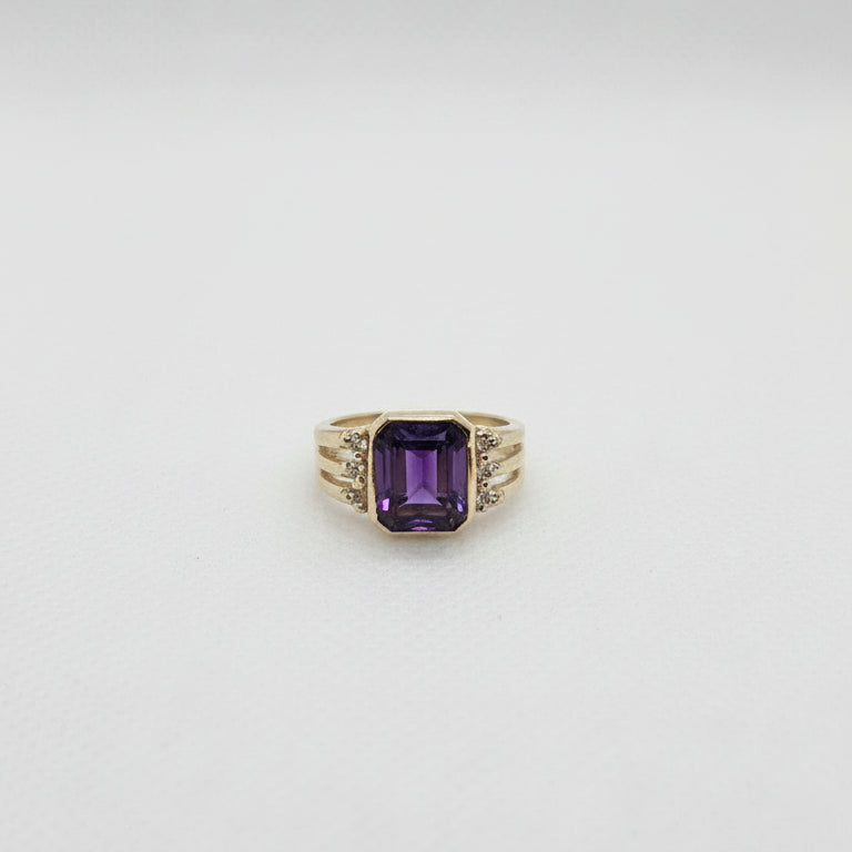 Amethyst Rectangle CZ Gold Plated Silver Ring