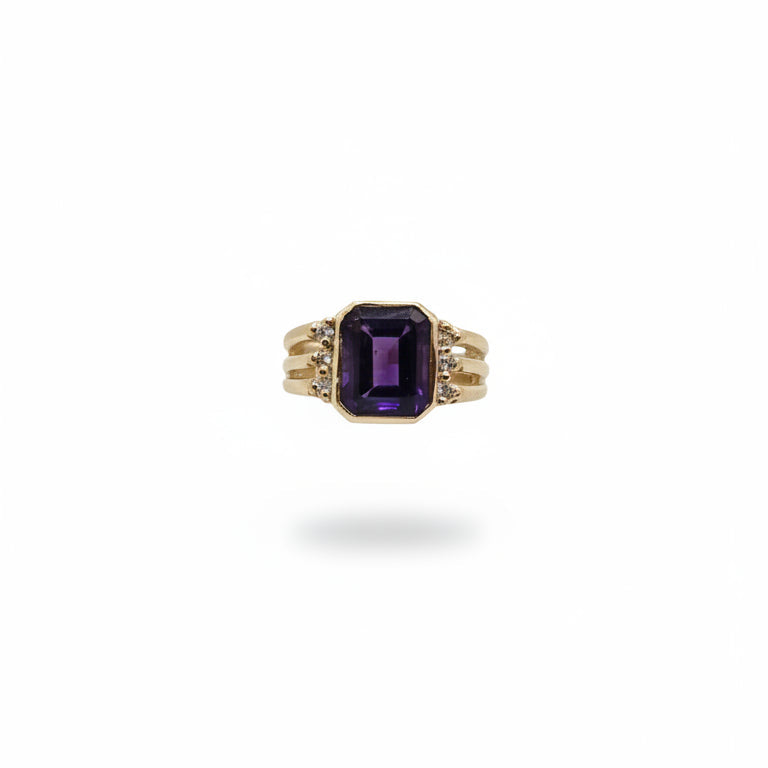 Amethyst Rectangle CZ Gold Plated Silver Ring