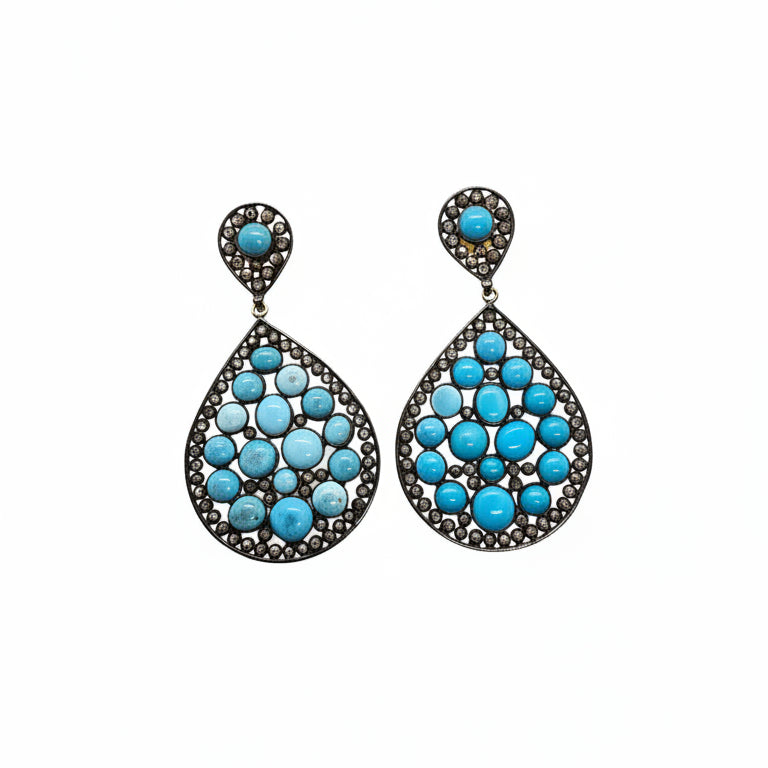 Turquoise With Rough Black Diamonds Silver and 14KT Gold Earrings Rhodium