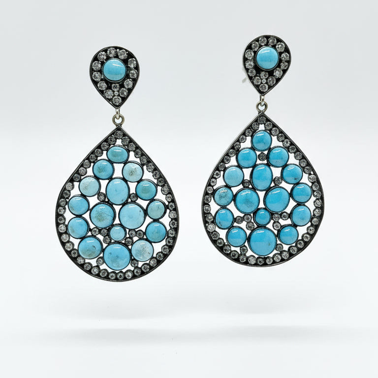 Turquoise With Rough Black Diamonds Silver and 14KT Gold Earrings Rhodium