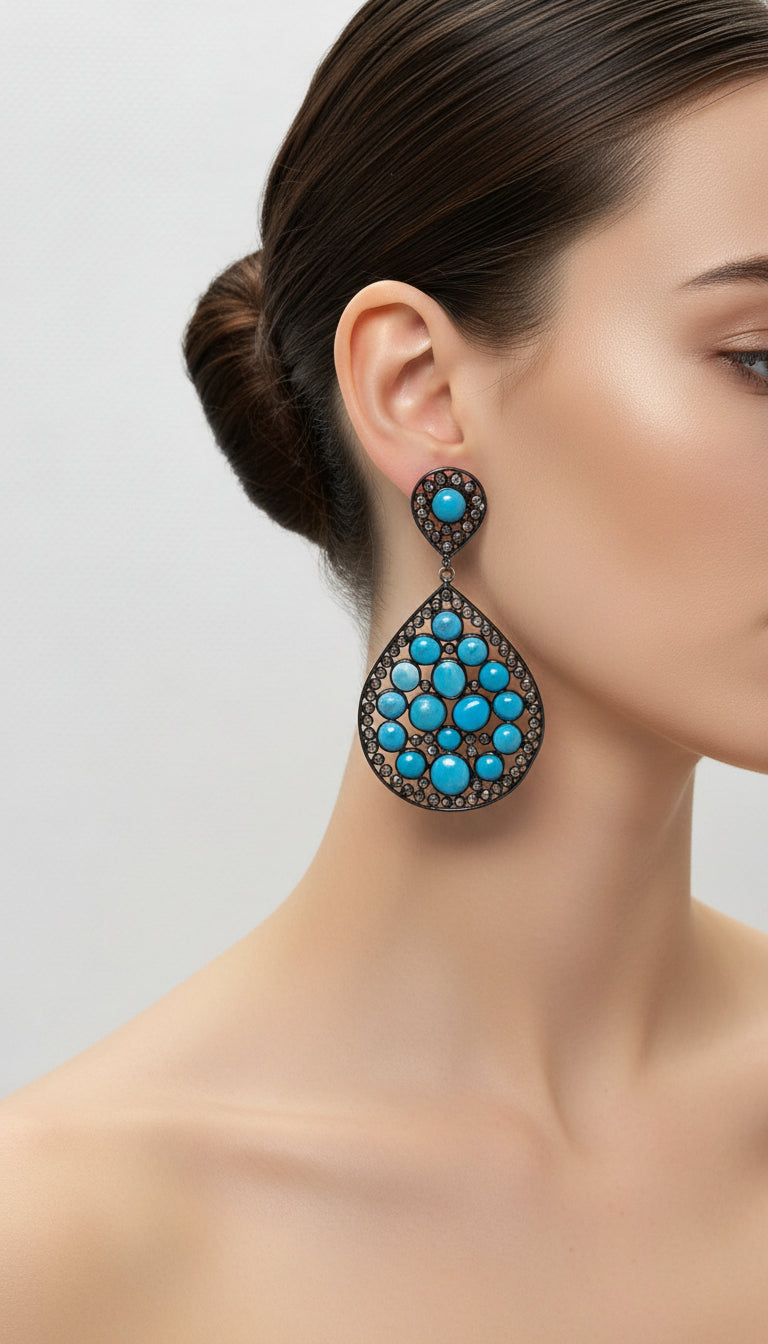 Turquoise With Rough Black Diamonds Silver and 14KT Gold Earrings Rhodium