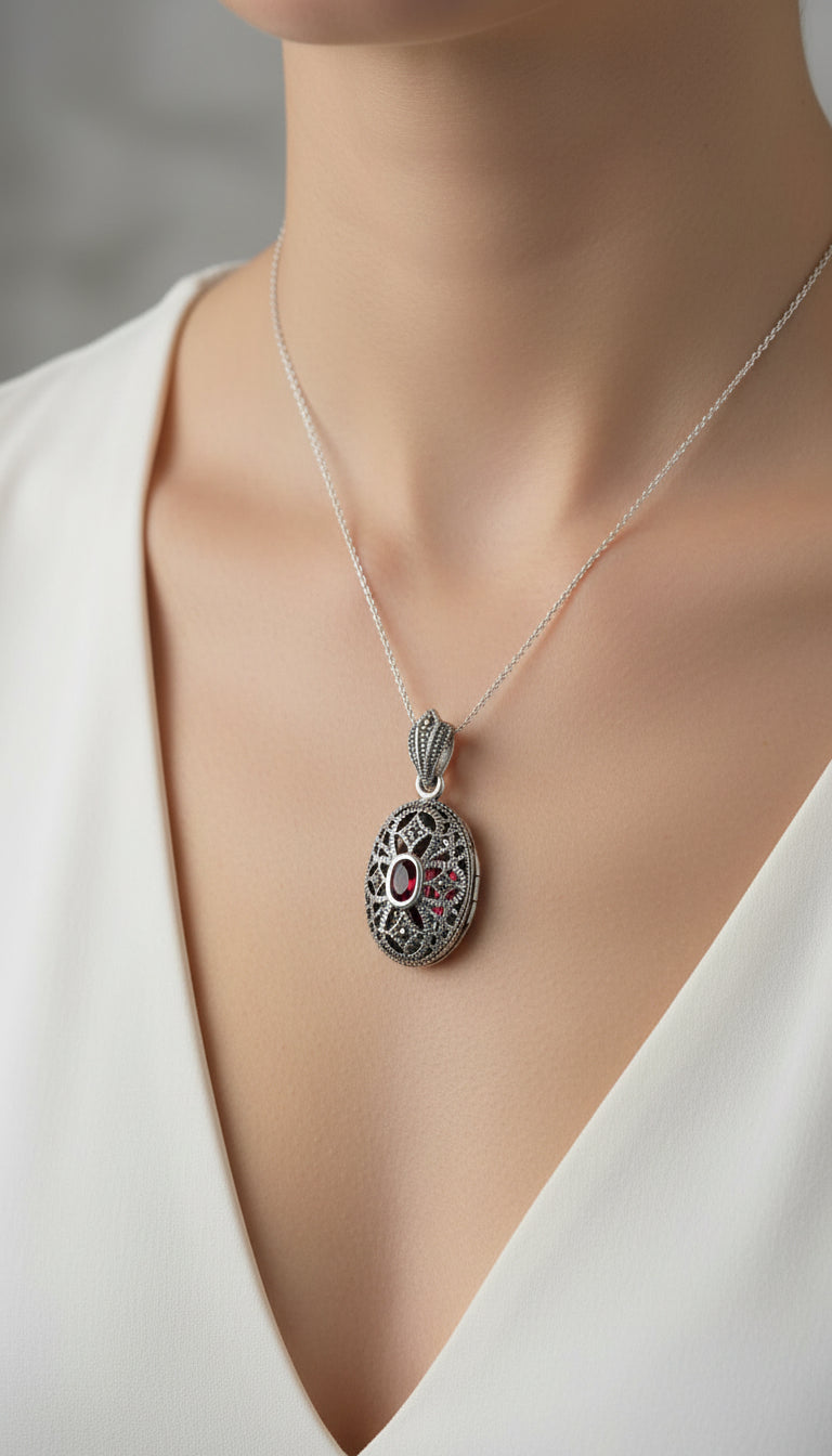 Oval Garnet Marquise Locket  Silver Pendant