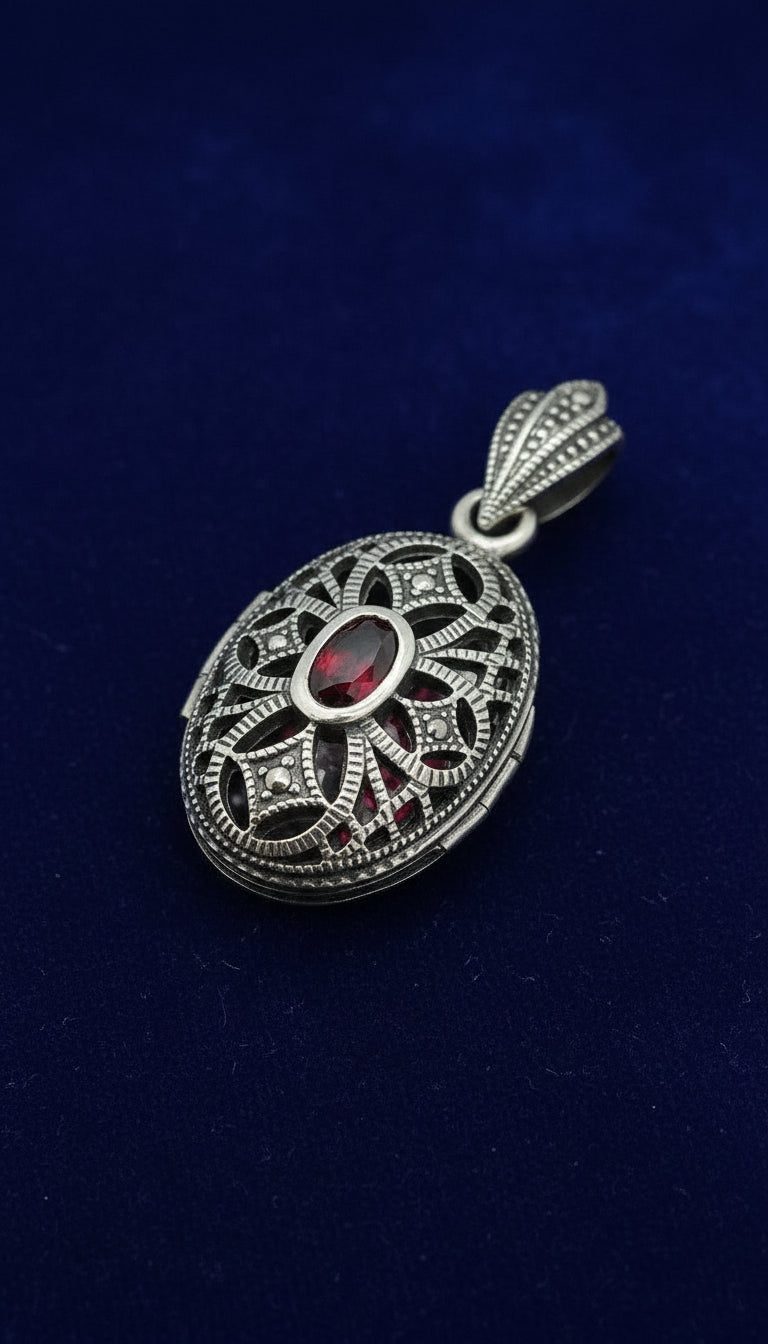 Oval Garnet Marquise Locket  Silver Pendant
