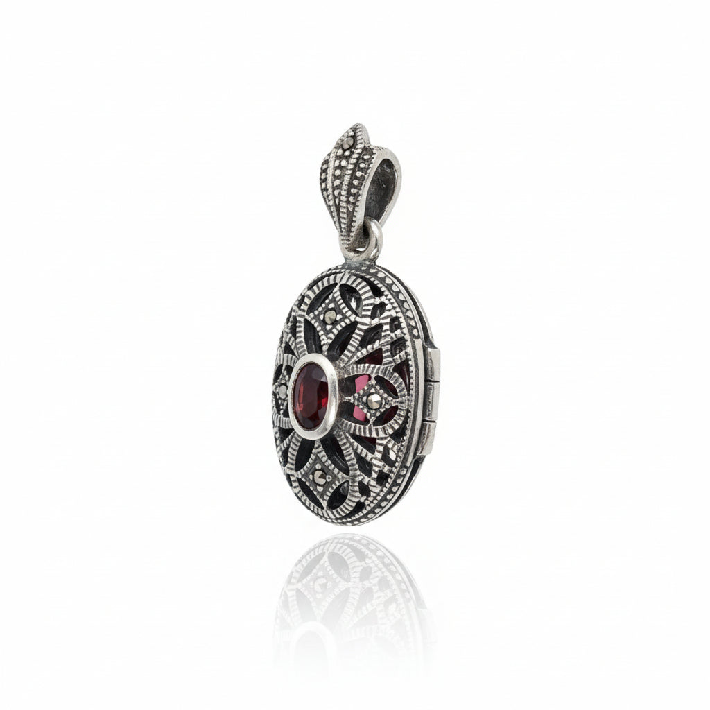 Oval Garnet Marquise Locket  Silver Pendant