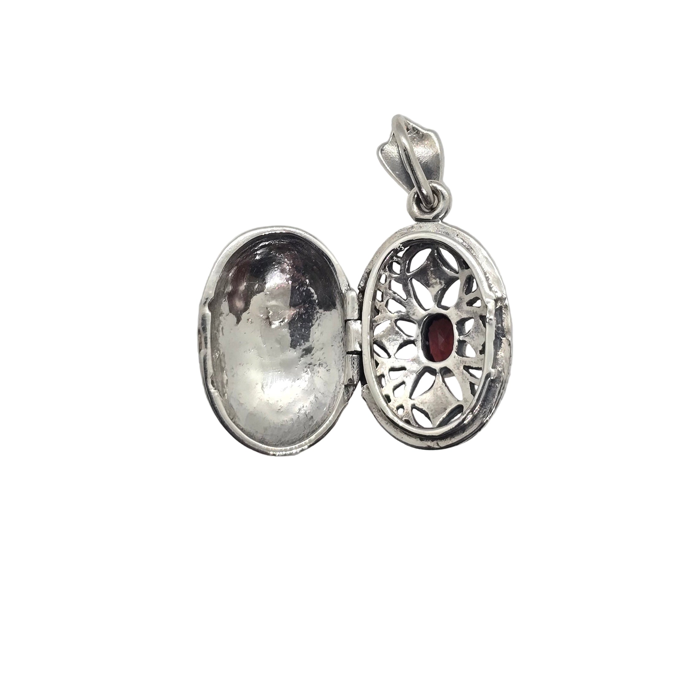 Oval Garnet Marquise Locket  Silver Pendant