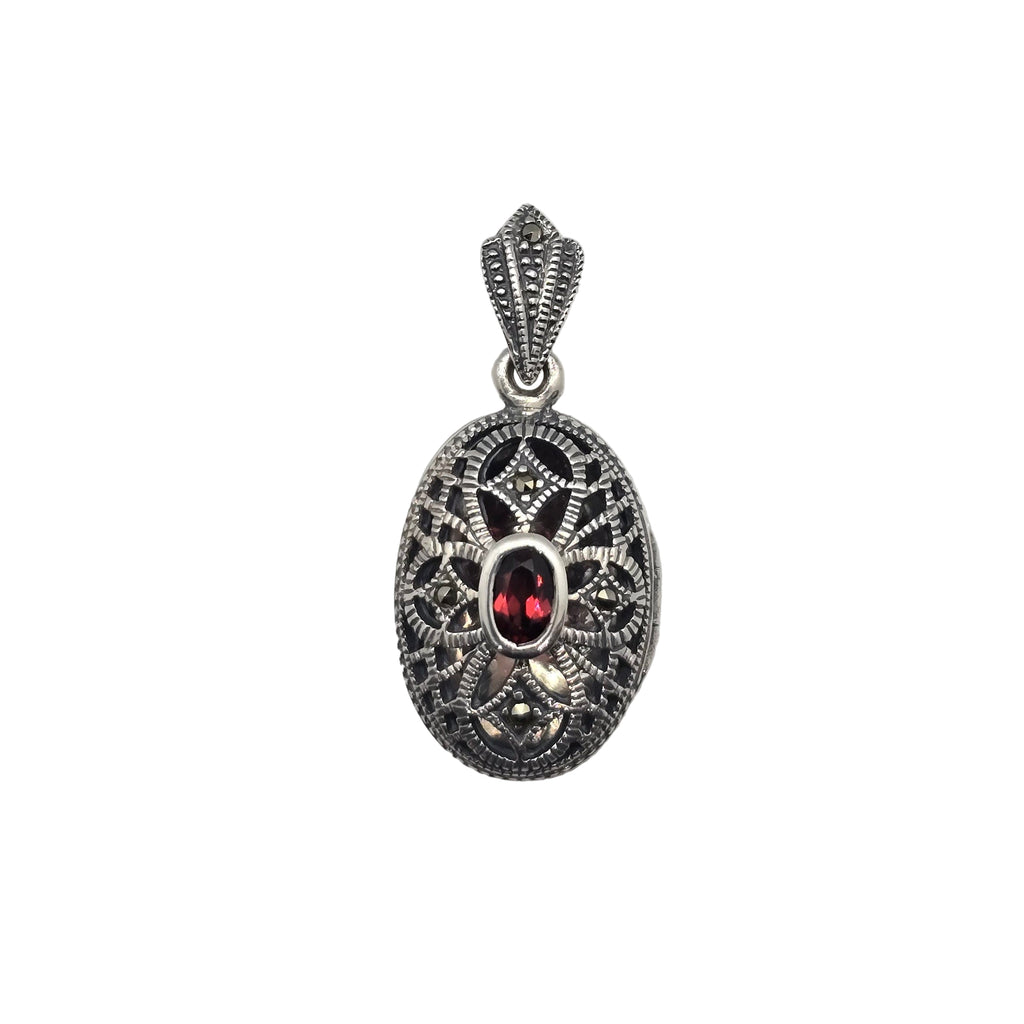 Oval Garnet Marquise Locket  Silver Pendant
