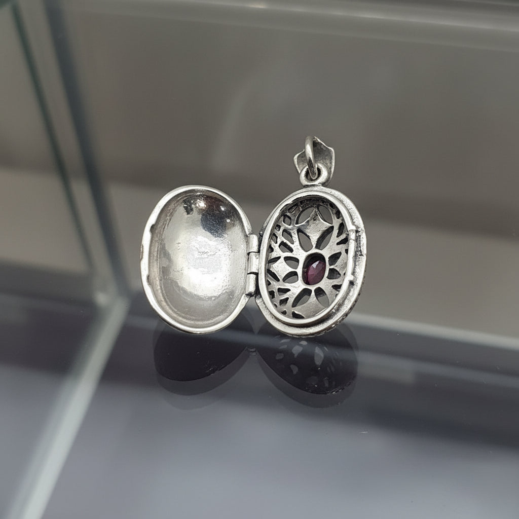 Oval Garnet Marquise Locket  Silver Pendant