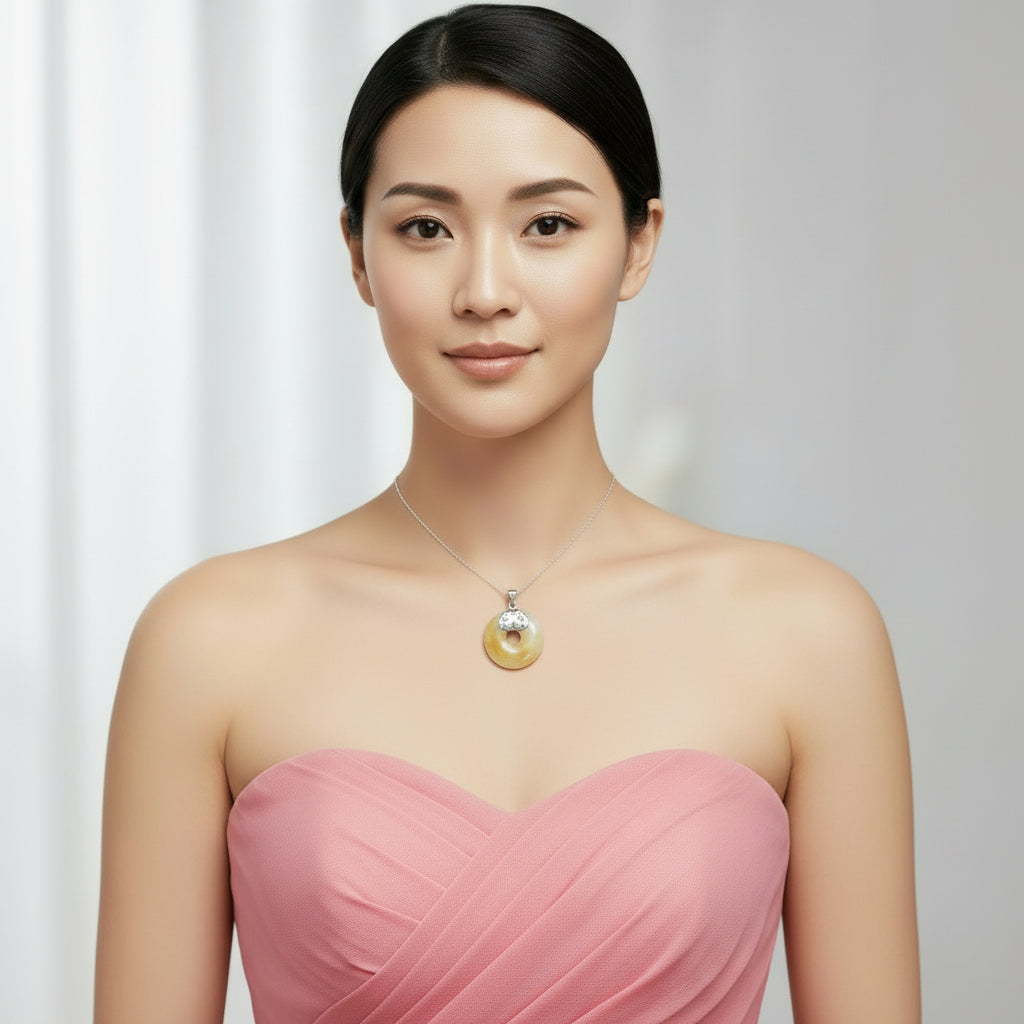 Yellow Round Natural Jade Silver Pendant