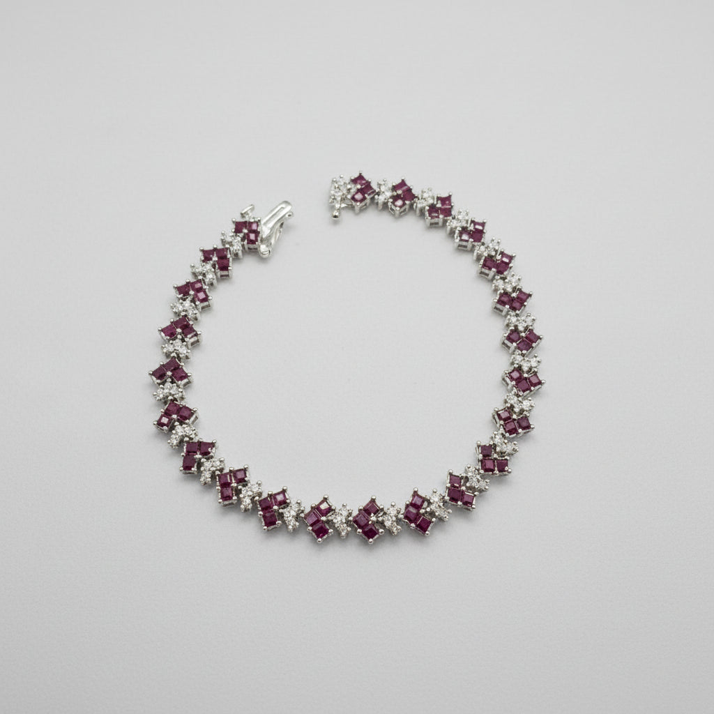 Bracelet White Gold 69 Diamonds approx. 1.5Carat Emerald cut natural Rubies Tennis Bracelet 14.70grams #40