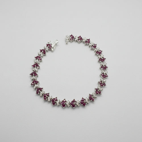 Bracelet White Gold 69 Diamonds approx. 1.5Carat Emerald cut natural Rubies Tennis Bracelet 14.70grams #40