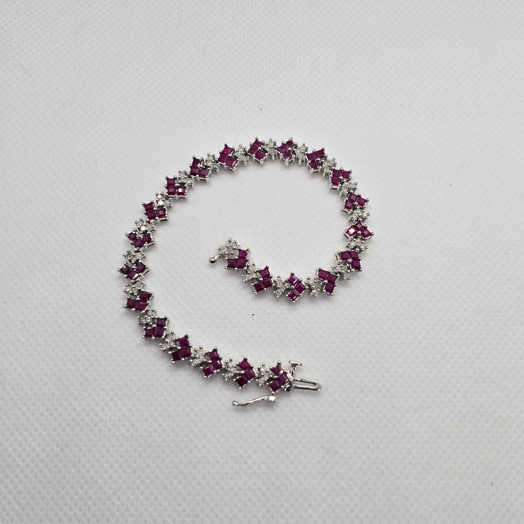 Bracelet White Gold 69 Diamonds approx. 1.5Carat Emerald cut natural Rubies Tennis Bracelet 14.70grams #40