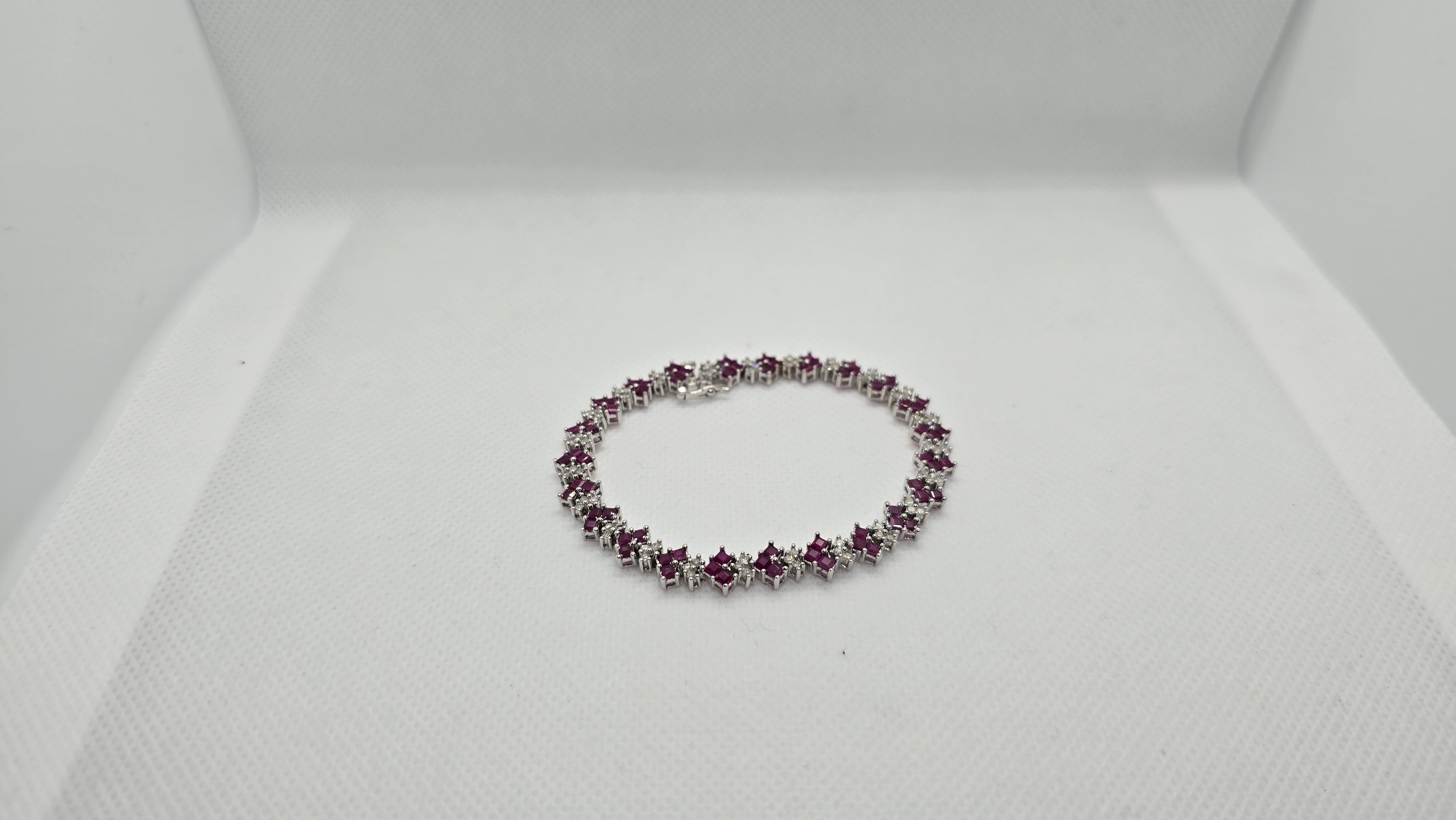 Bracelet White Gold 69 Diamonds approx. 1.5Carat Emerald cut natural Rubies Tennis Bracelet 14.70grams #40