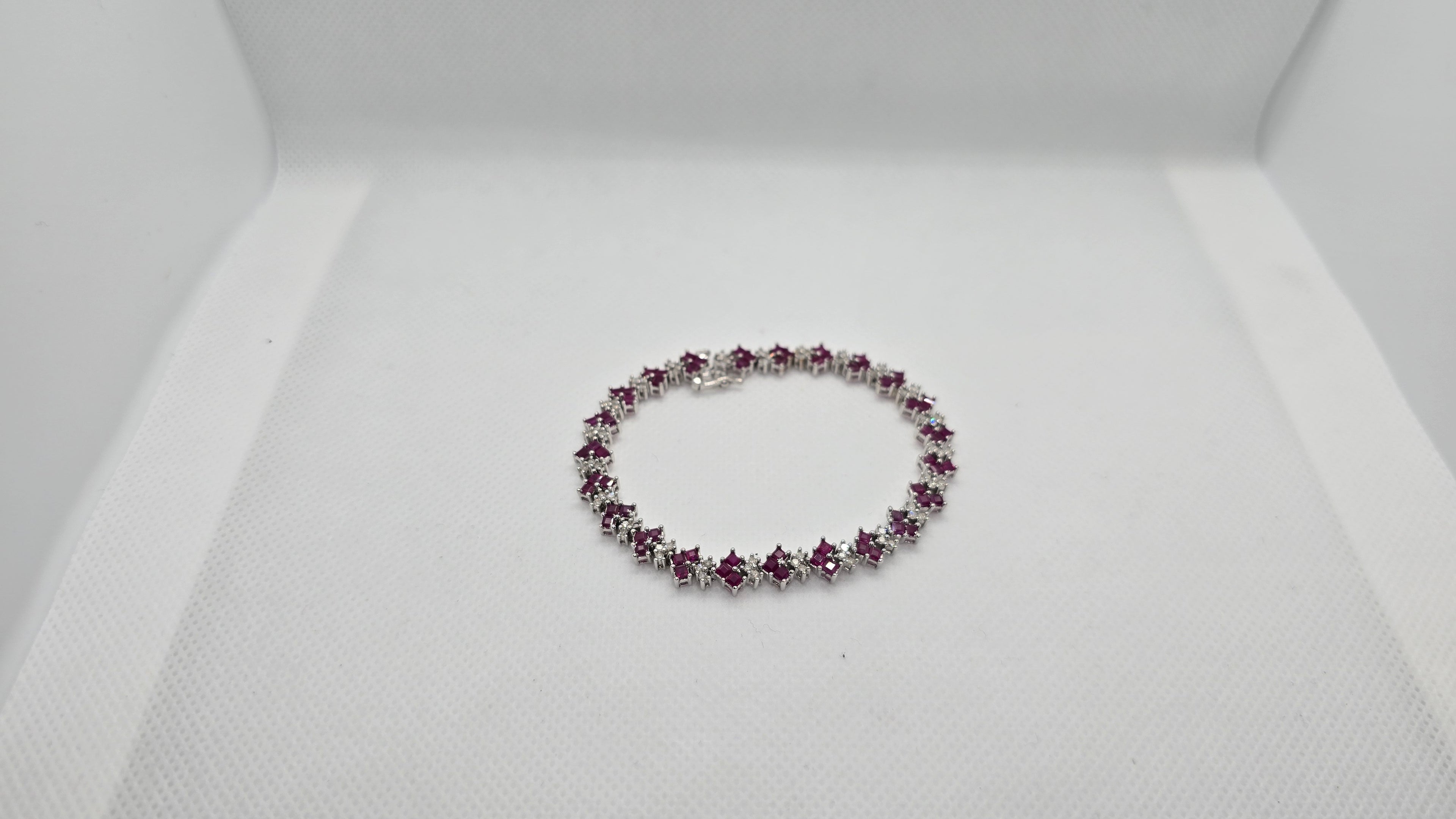 Bracelet White Gold 69 Diamonds approx. 1.5Carat Emerald cut natural Rubies Tennis Bracelet 14.70grams #40