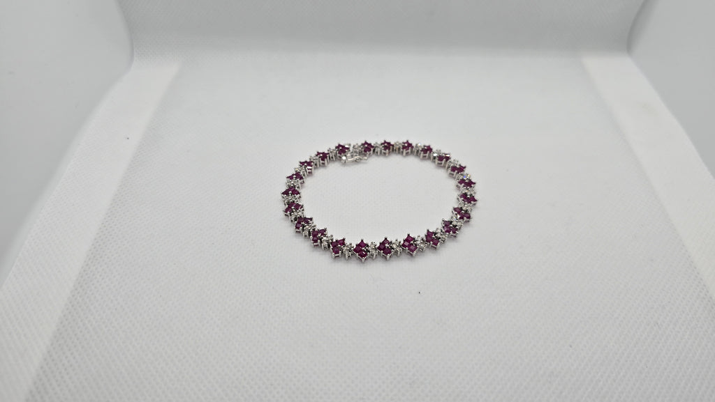 Bracelet White Gold 69 Diamonds approx. 1.5Carat Emerald cut natural Rubies Tennis Bracelet 14.70grams #40