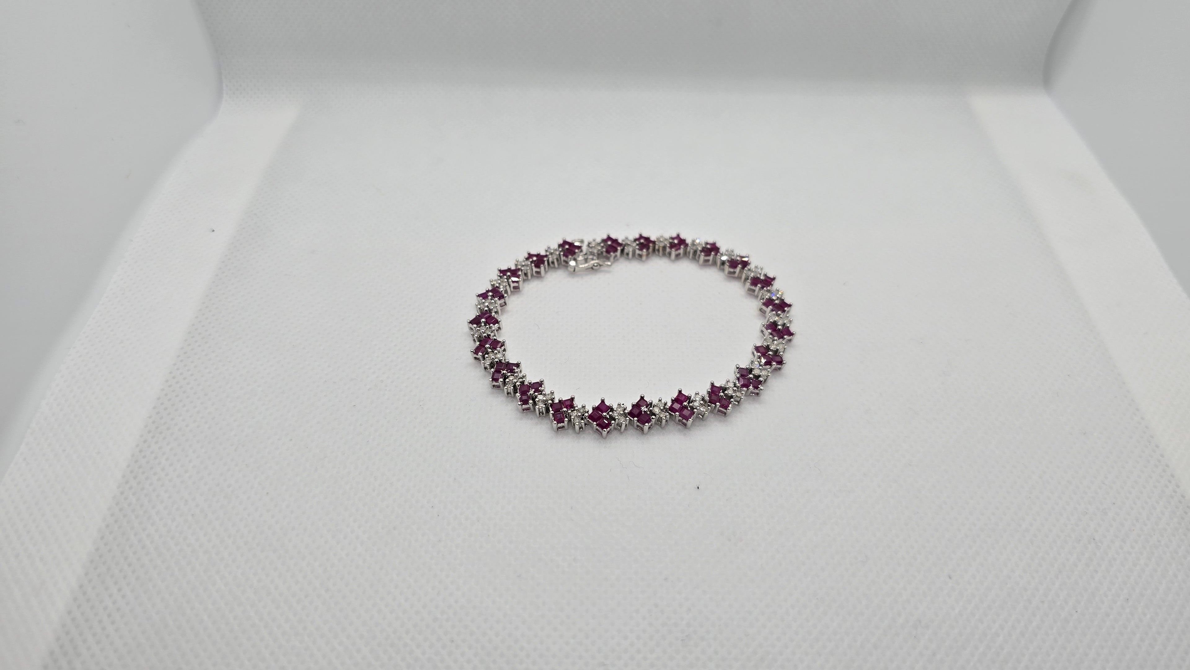 Bracelet White Gold 69 Diamonds approx. 1.5Carat Emerald cut natural Rubies Tennis Bracelet 14.70grams #40