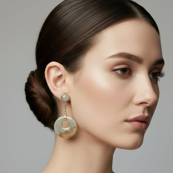Light Green And Beige Round Jade 14K Gold Earrings