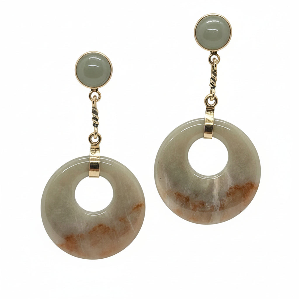 Light Green And Beige Round Jade 14K Gold Earrings