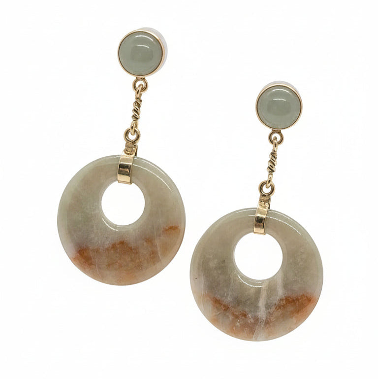 Light Green And Beige Round Jade 14K Gold Earrings