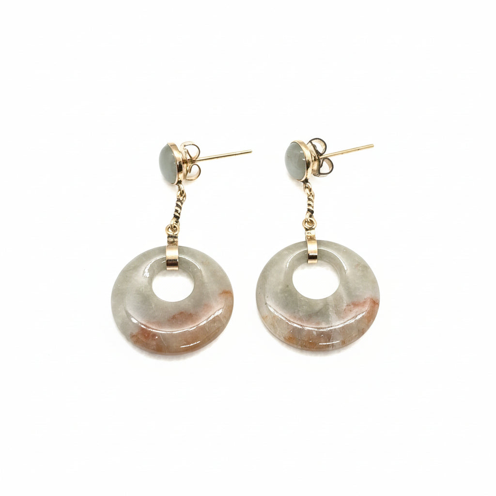 Light Green And Beige Round Jade 14K Gold Earrings