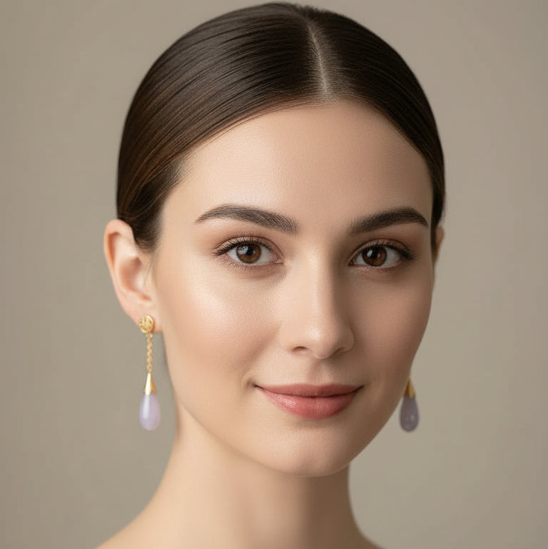 Natural Jade Lilac Drops  14K Gold Earrings