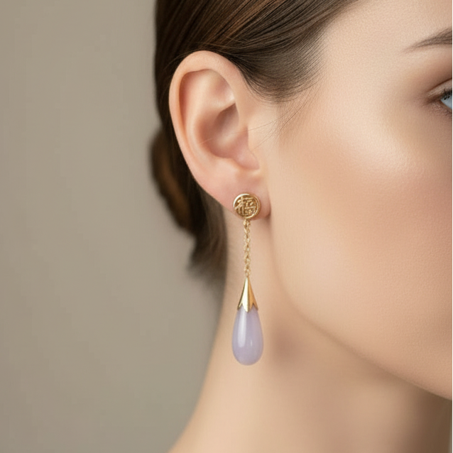 Natural Jade Lilac Drops  14K Gold Earrings