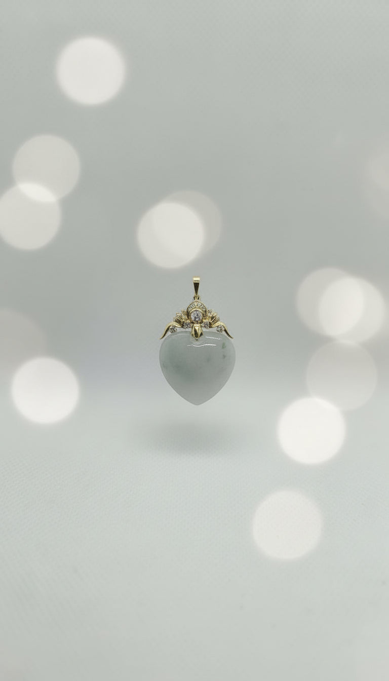 Light Green Heart Jade Diamonds 14K Gold Pendant