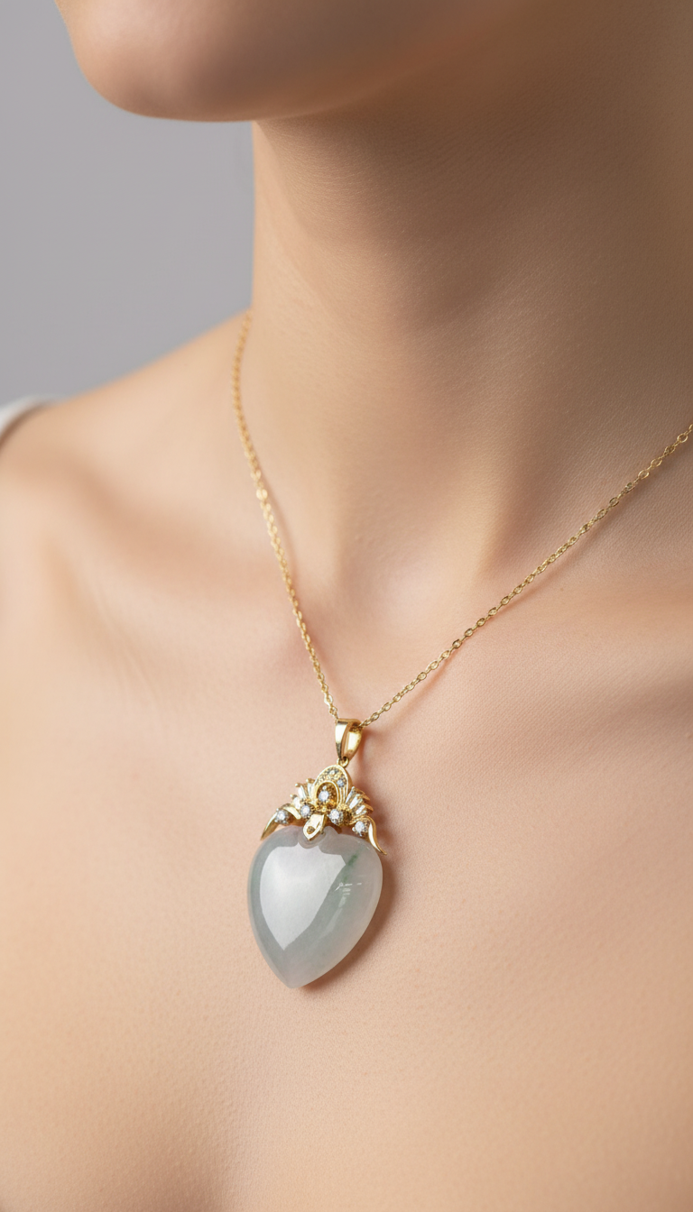 Light Green Heart Jade Diamonds 14K Gold Pendant