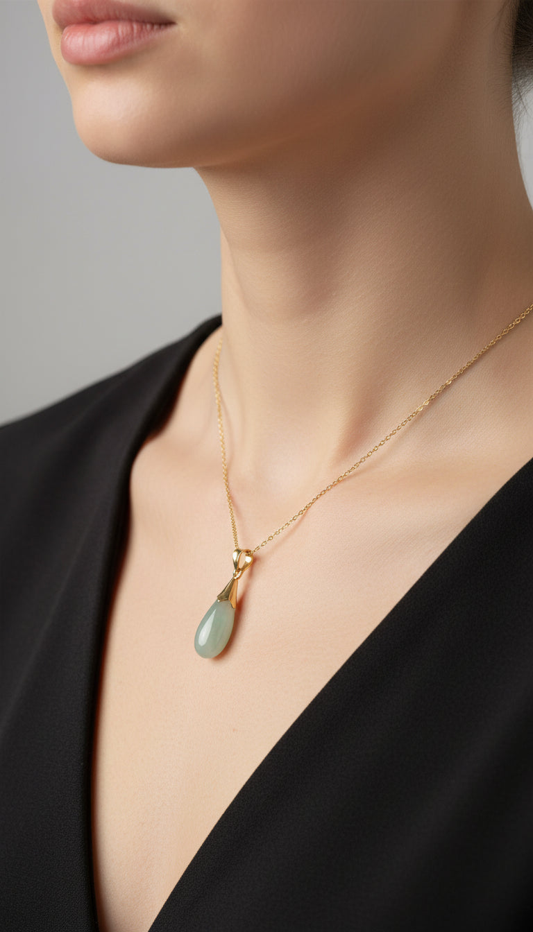 Light green Drop Jade 14K Gold Pendant