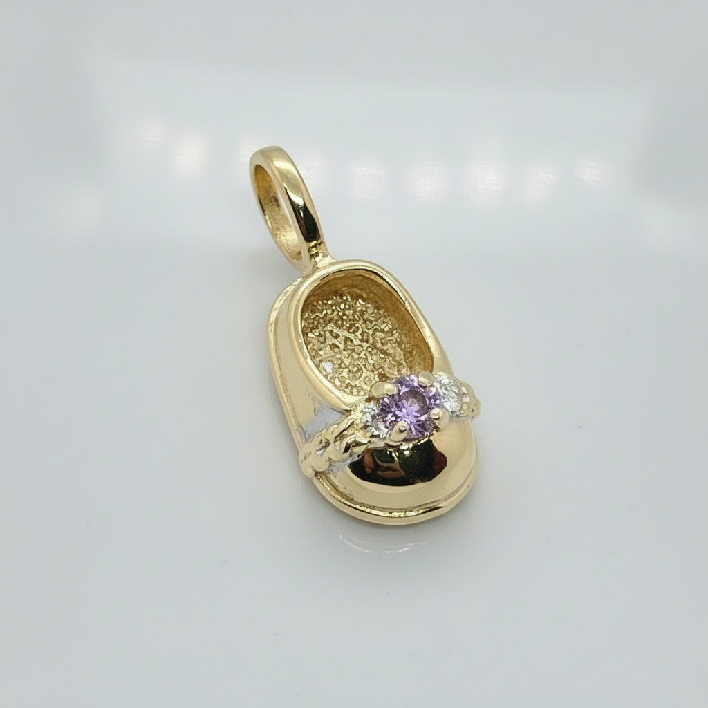 Baby Shoe With Rose Stone 14K Gold Pendant