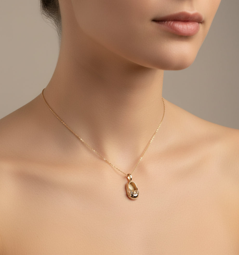Baby Shoe With Rose Stone 14K Gold Pendant