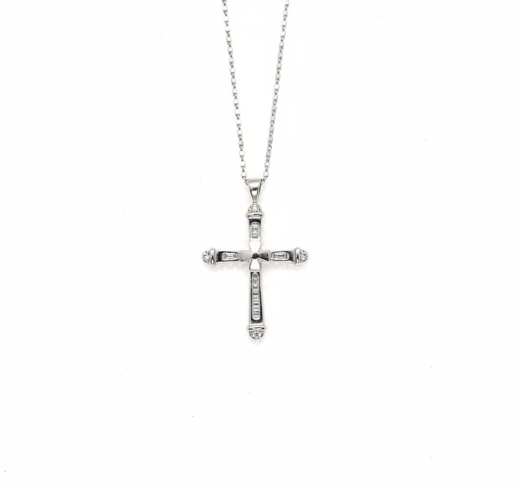 Cross Pendant with Chain 14K White Gold natural diamonds tappered baghette #69
