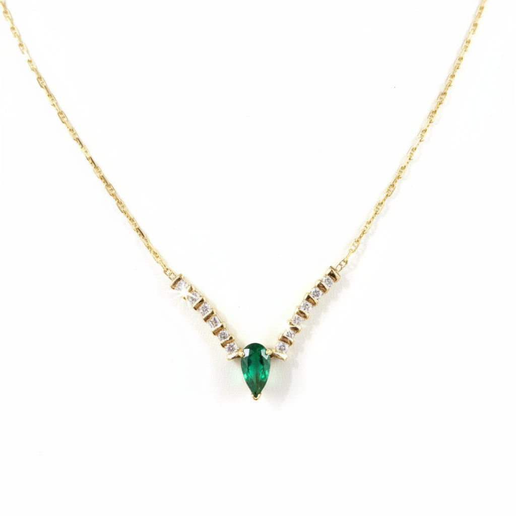 Necklaces 14K Gold V shape 12 natural diamonds approx 60 points 1 pearl shape Emerald #68