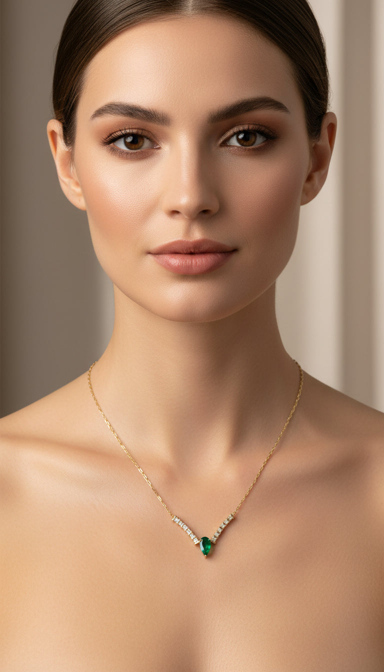 Necklaces 14K Gold V shape 12 natural diamonds approx 60 points 1 pearl shape Emerald #68