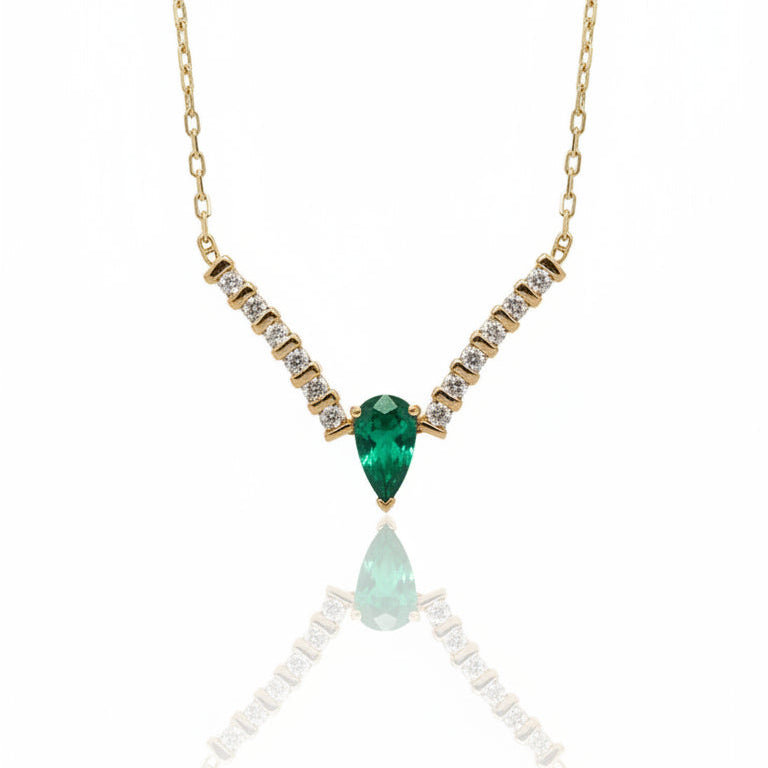 Necklaces 14K Gold V shape 12 natural diamonds approx 60 points 1 pearl shape Emerald #68