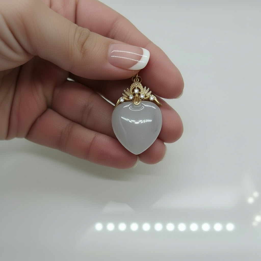 Light Green Heart Jade Diamonds 14K Gold Pendant