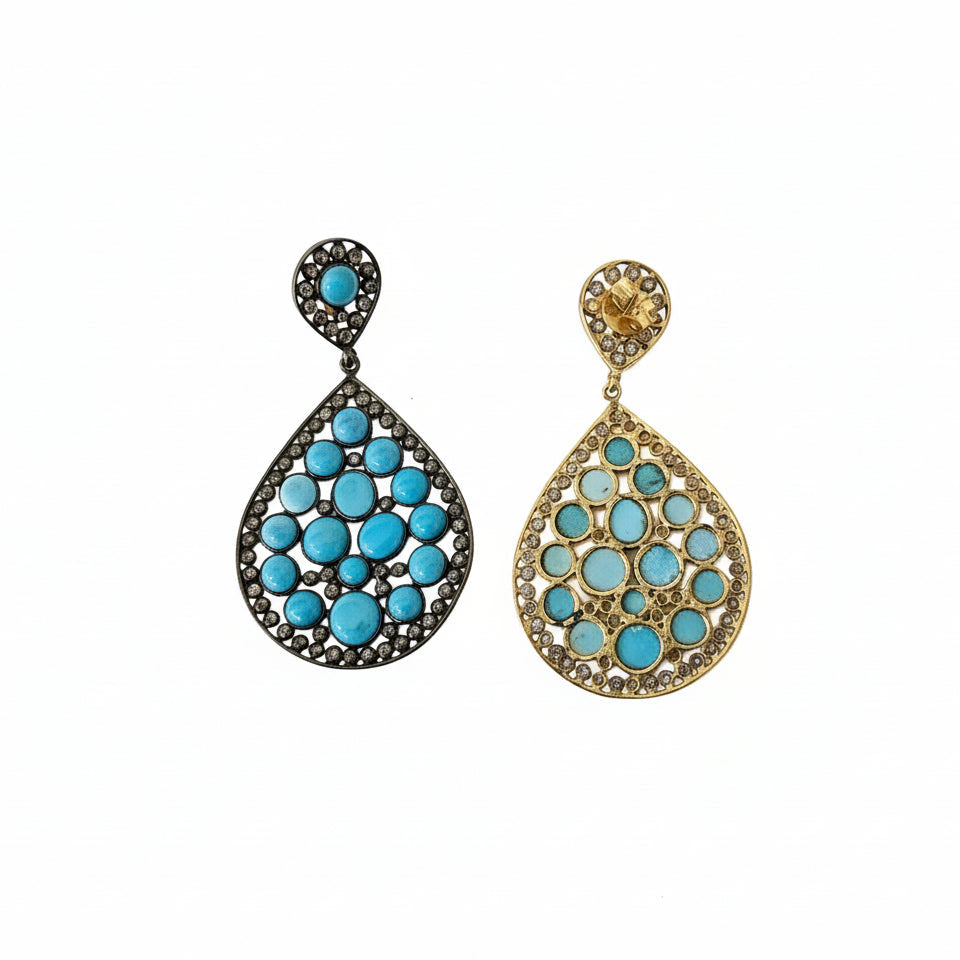 Turquoise With Rough Black Diamonds Silver and 14KT Gold Earrings Rhodium