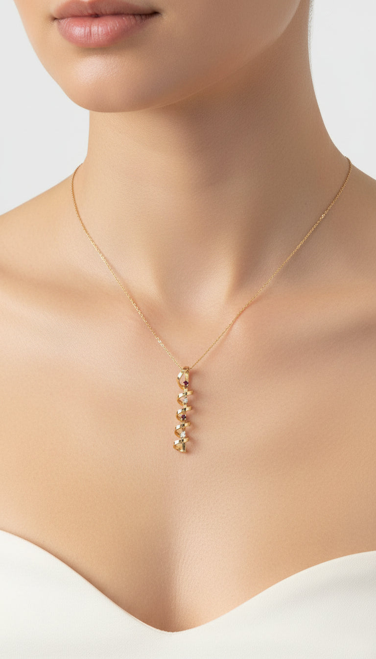 Spiral Diamonds and Rubies 14K Gold Pendant