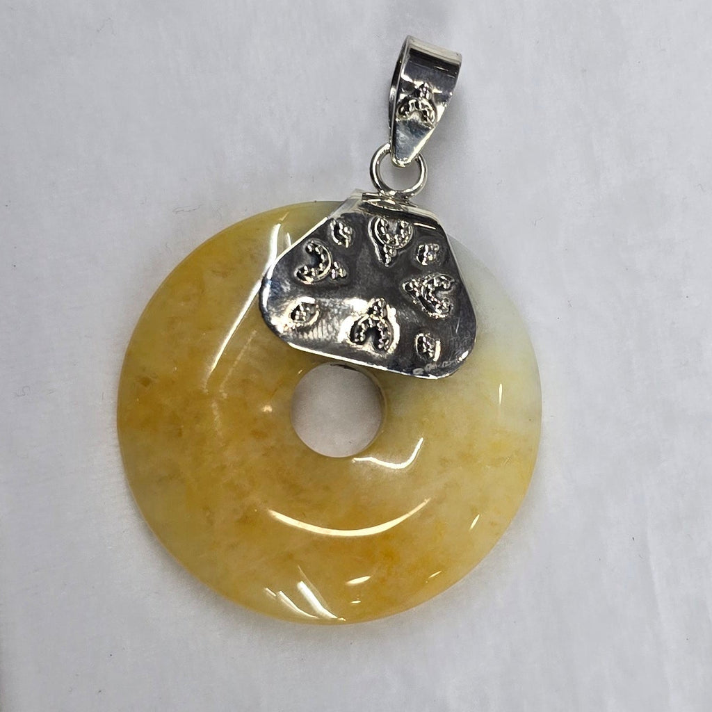 Yellow Round Natural Jade Silver Pendant