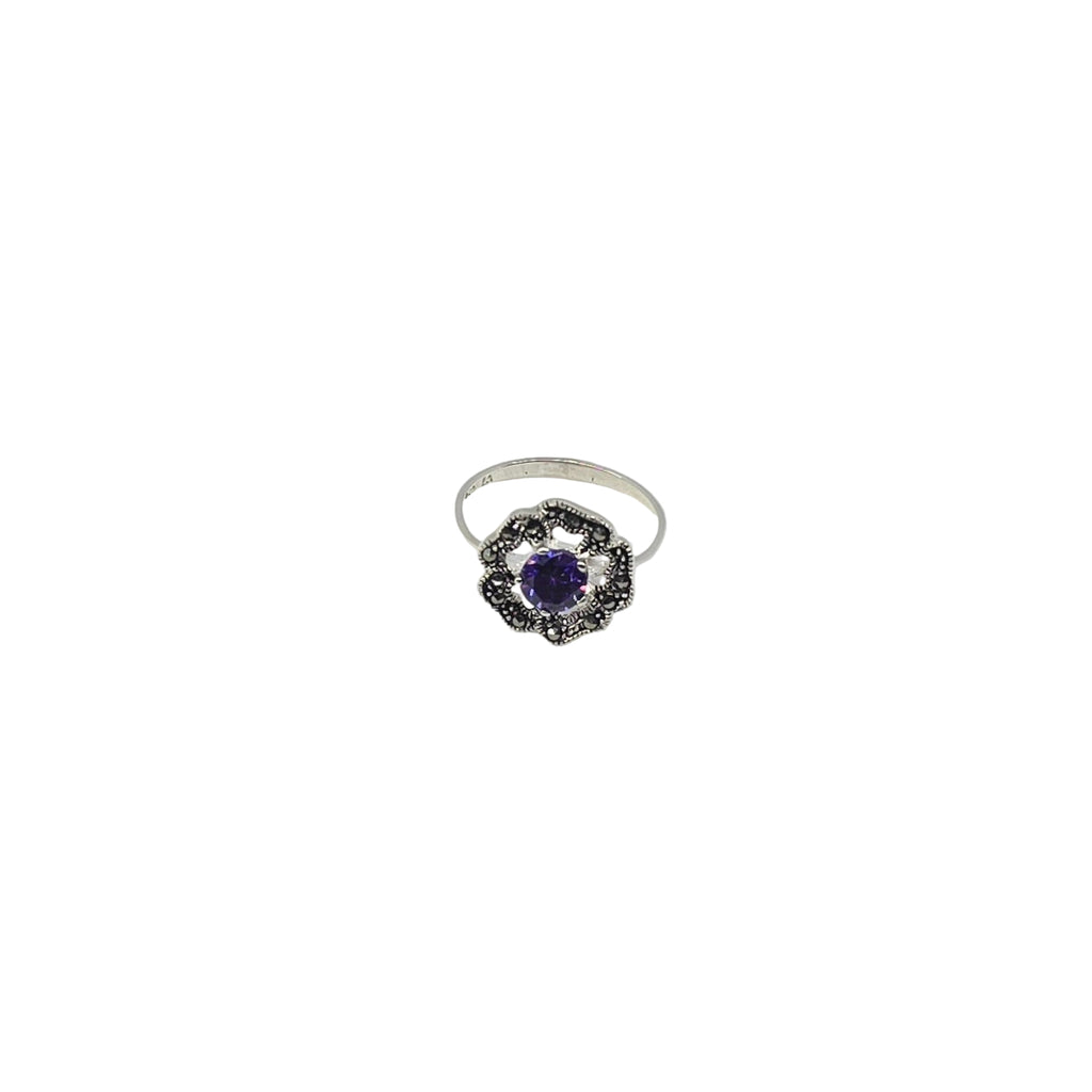Flower Round Purple Silver Ring