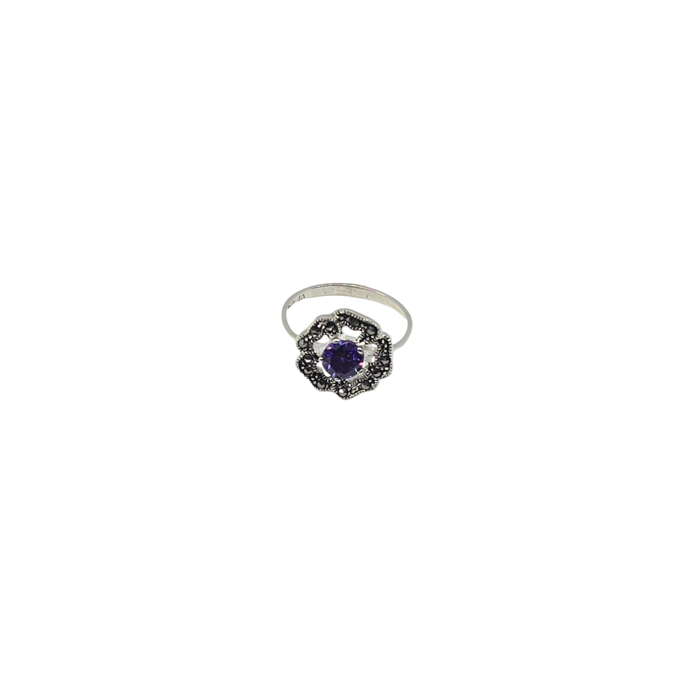 Flower Round Purple Silver Ring